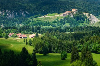 Vue du Château de Joux depuis le belvédère de la Roche Sarrazine
