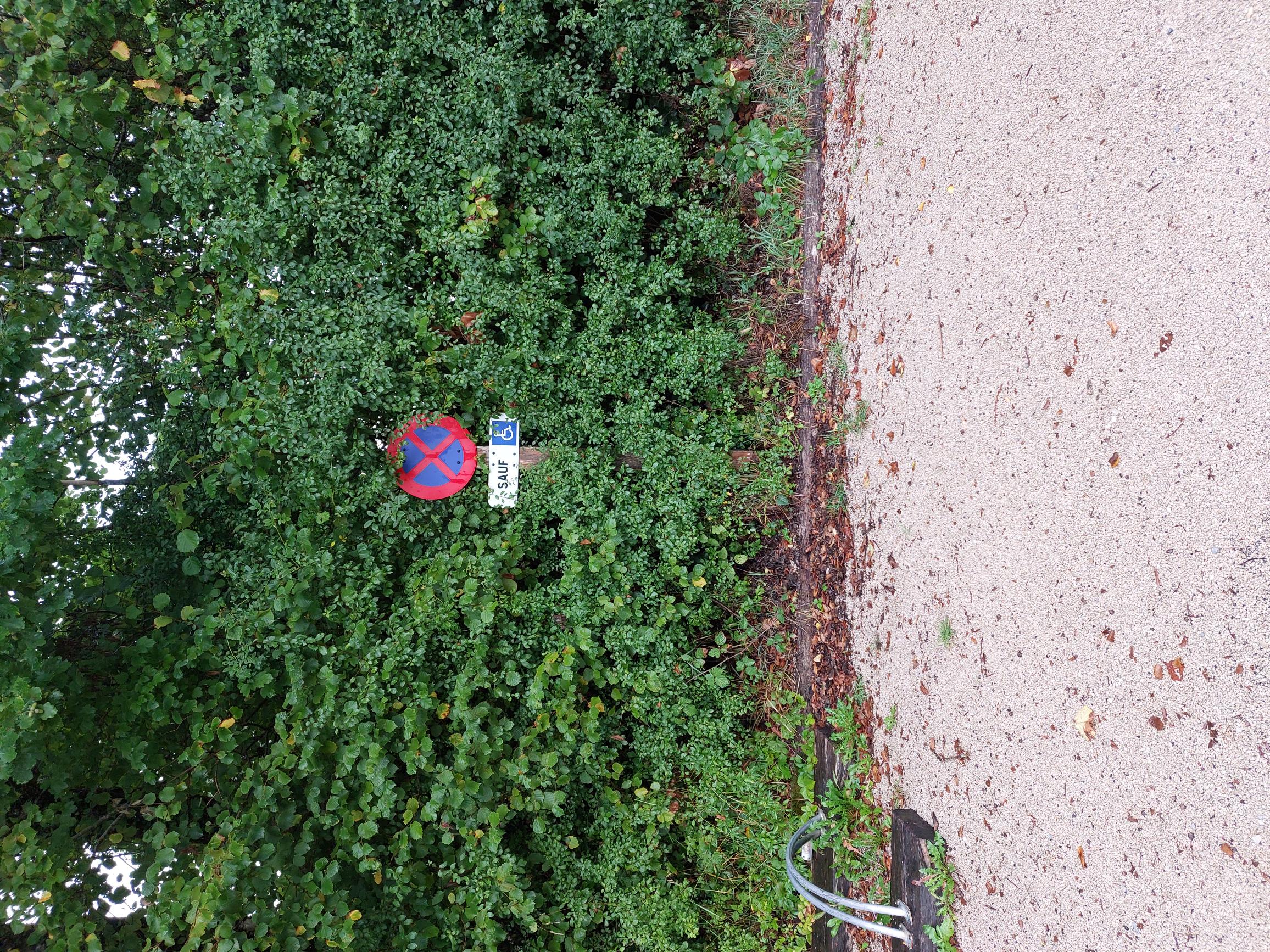 Place de sationnement PMR sur un parking en tout-venant irrégulier.